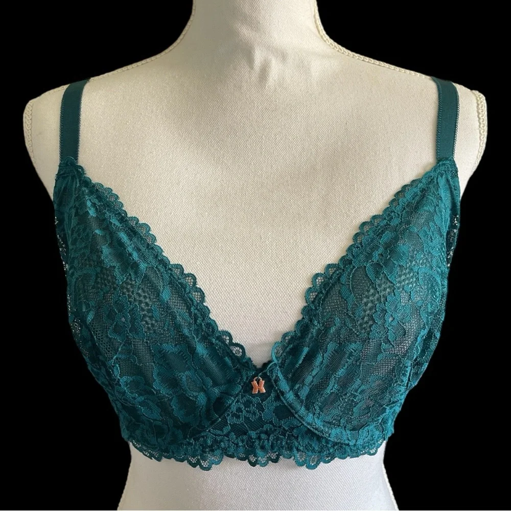 Savage X Fenty Forest Green Sheer Floral Lace Unlined Underwire Plus Size Bra